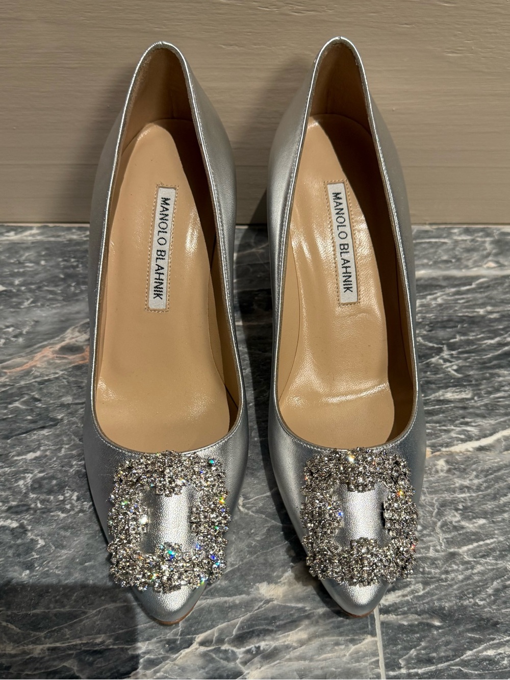Manolo Blahnik Silver Crystal-Embellished leather Pointed Pumps